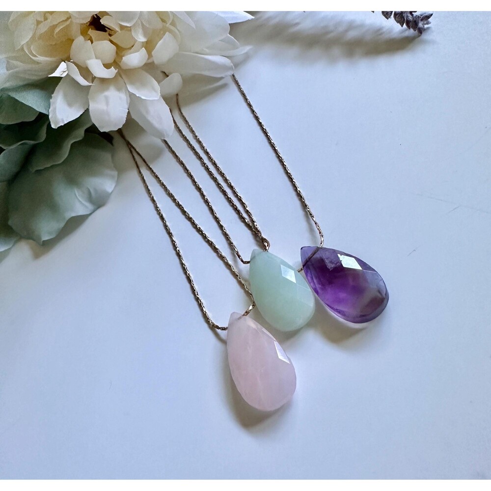 Gold Adjustable Crystal Pendant Necklace Faceted Amazonite Rose Quartz Amethyst